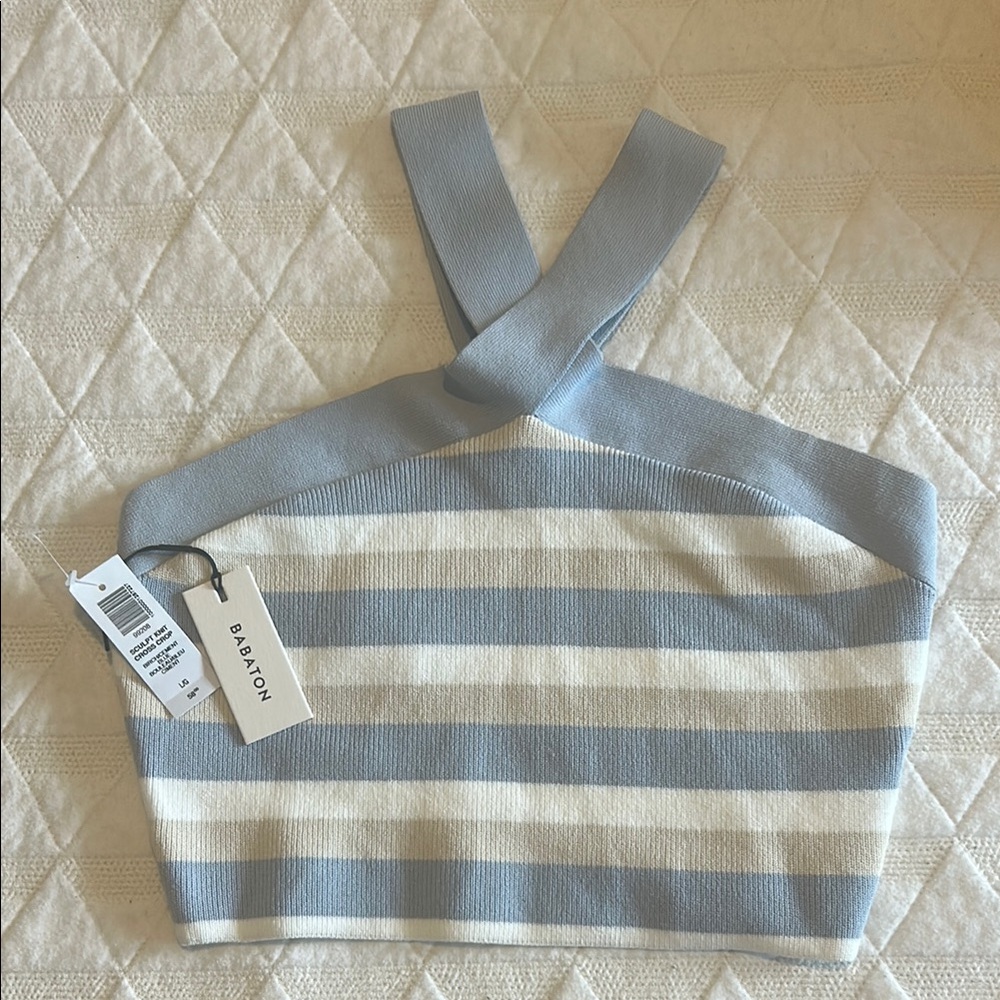 Aritzia Babaton Sculpt Knit Criss Cross Cropped Tank Birch/ Cement Blue NWT - Picture 6 of 11